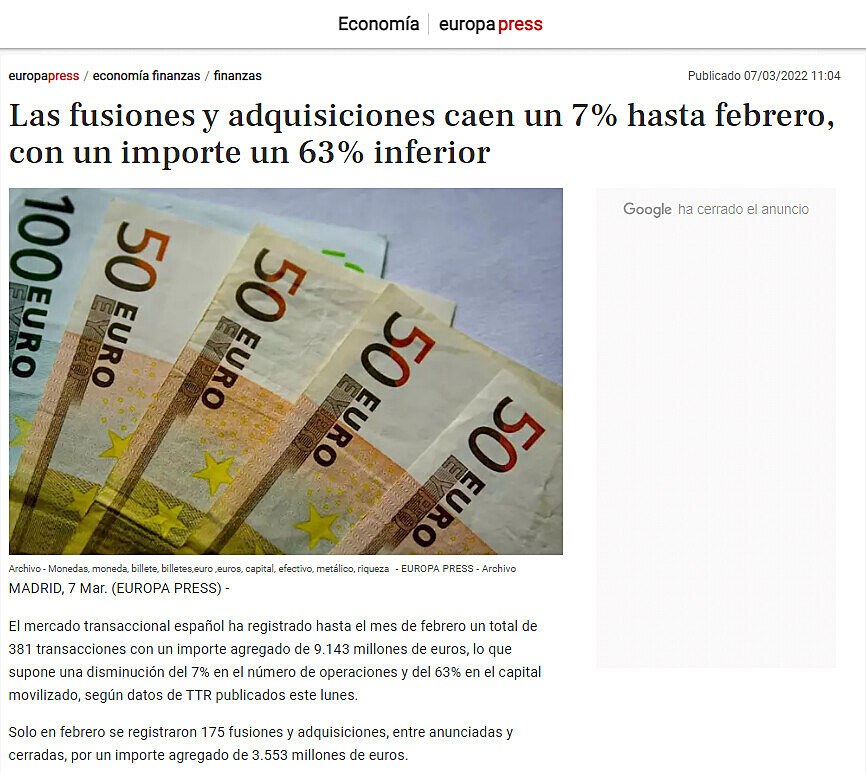 Las fusiones y adquisiciones caen un 7% hasta febrero, con un importe un 63% inferior